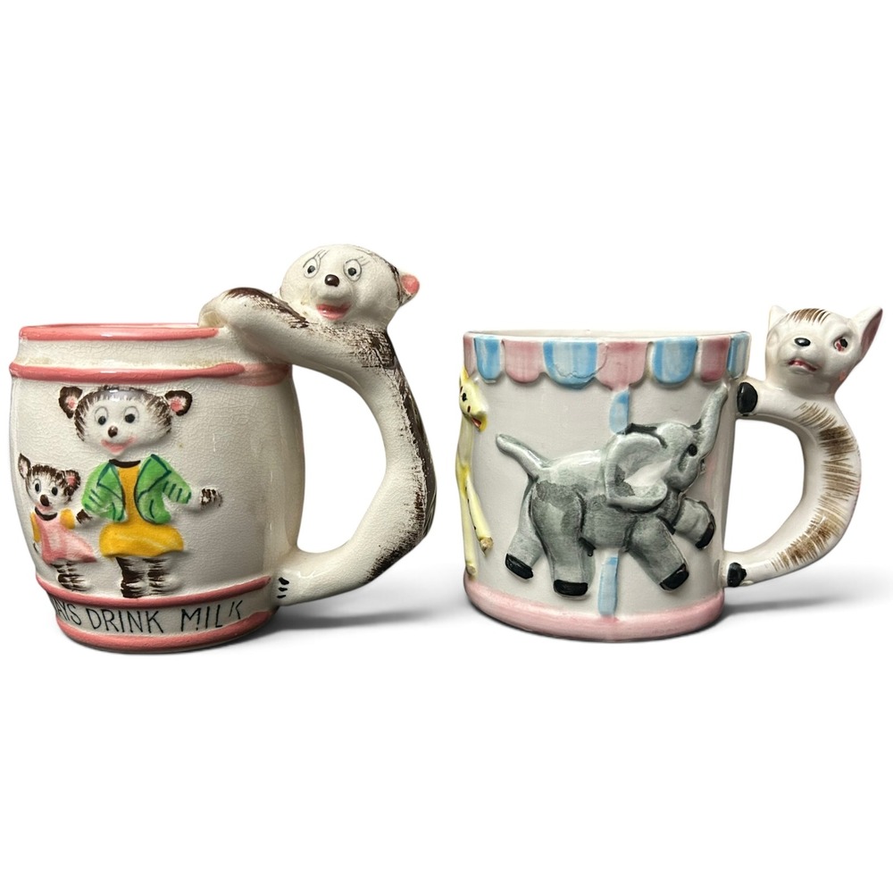 Vtg 1950s Ceramic Child Milk Mugs Lot Always Drink Milk Carousel Japan Kitsch
